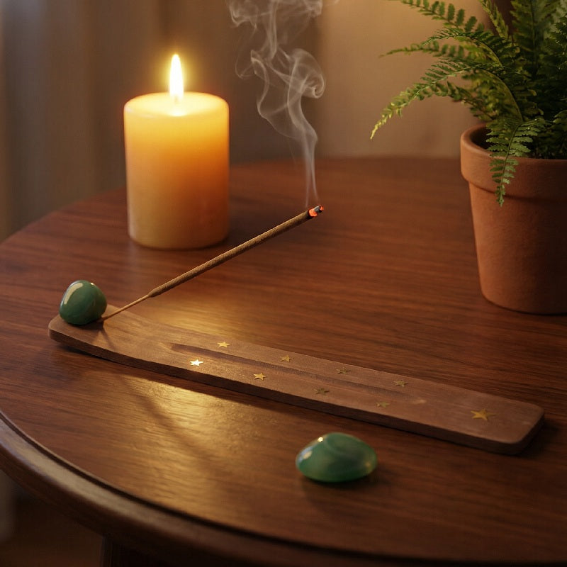 Porte-Encens en Bois avec Pierre de Agate Vert