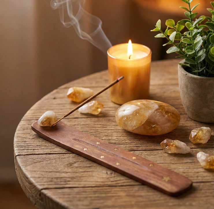 Porte-Encens en Bois avec Galet Citrine